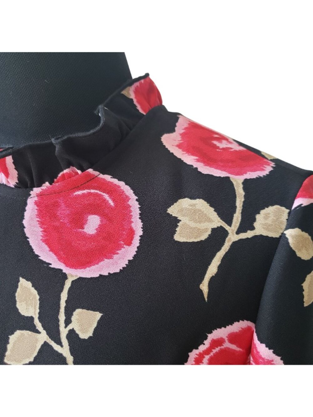 Kate Spade Black Pink Rose Floral Midi Ruffle Hem Dress Modest Career Feminine - Picture 8 of 14